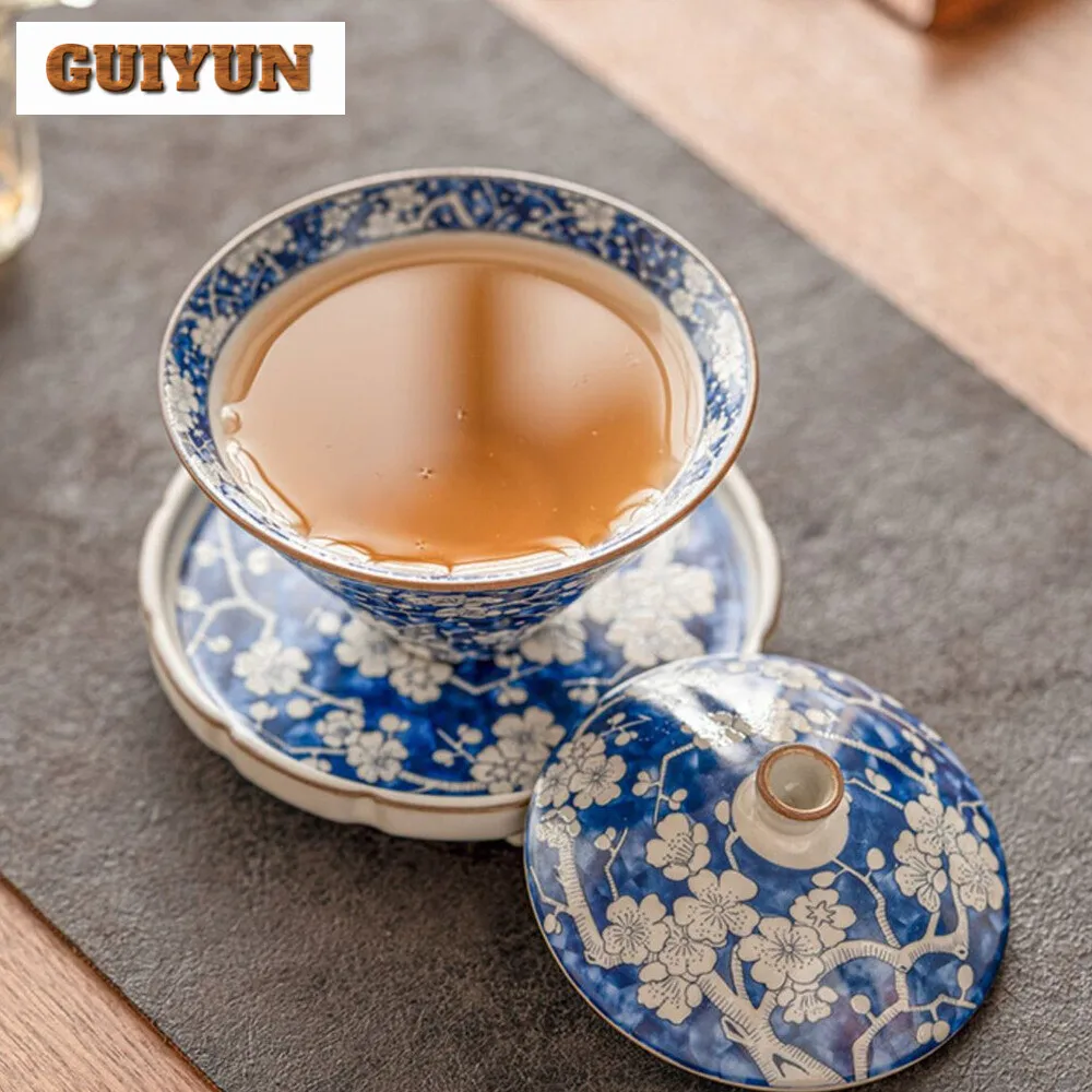 150ml Blue Ice Plum Blossom Gaiwan Retro Ru Kiln Bamboo Hat Sancai Tea Tureen Tea Making Cover Bowl Drinkware Supplies Craft
