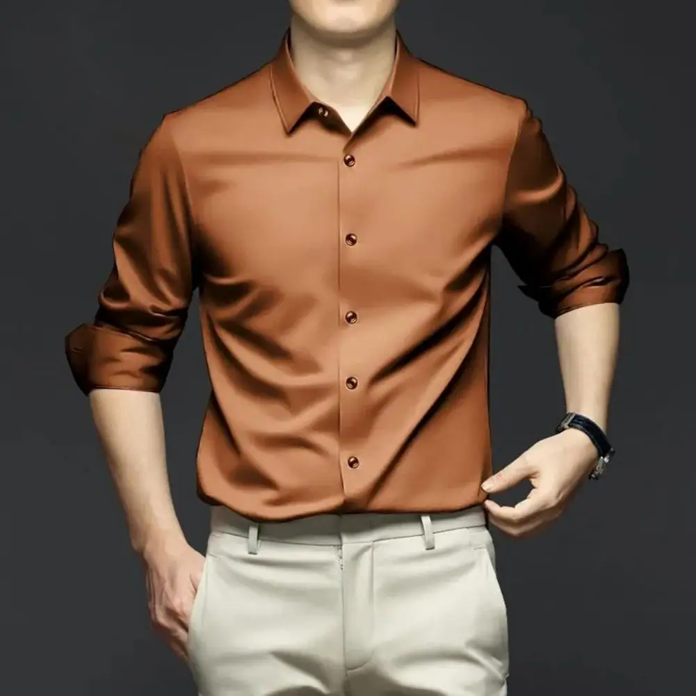 

Solid Color Men Shirt Satin Slim Fit Cardigan for Men Stylish Turn-down Collar Shirt with Long Sleeves Soft Breathable