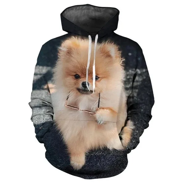 

3D Pomeranian Print hooded sweaters for couples, casual long sleeve hooded, cute pet, dog, animals pattern, cool streetwear tops