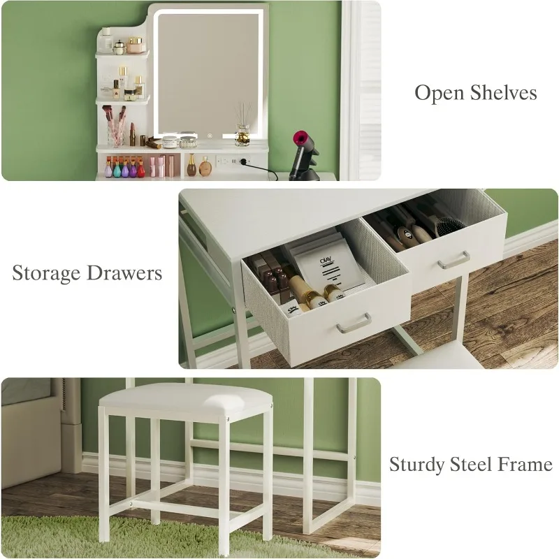 Makeup Vanity Desk with Mirror and Lights, Small Vanity with Fabric Storage Drawer & Chair & Shelves,  Bedroom 2