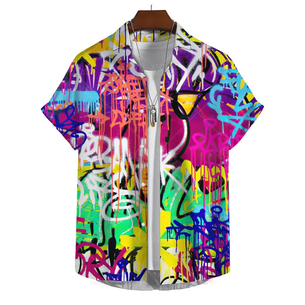 Street Fashion Graffiti Print Men's Casual Short Sleeve Shirt Summer Hawaii Beach Vacation Men's Shirt Oversized Tops