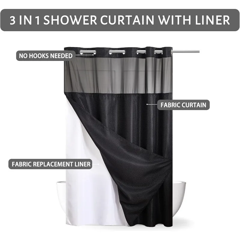 Extra Long Waffle Weave No Hook Shower Curtain 96 Inch Length with Snap in Fabric Liner Set,Heavy Duty Bathroom Curtains 5