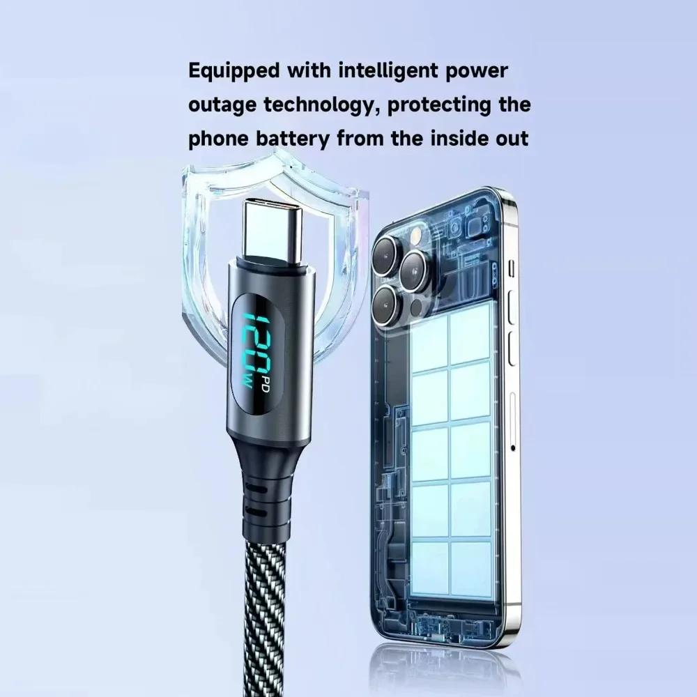 120W 6A USB A to USB C LED Digital Display Fast Charging Nylon Cable For Xiaomi Redmi POCO Samsung 1M 2M Data Sync Quick Charge