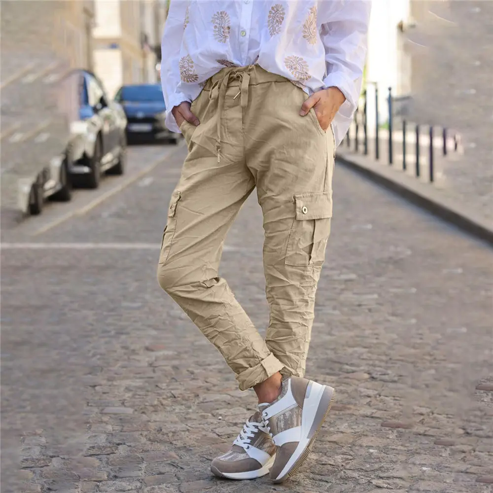 

2024 Spring Hippie Cargo Pants Side Pockets Slim Pencil Trousers Drawstring Straight Bottoms Unisex Streetwear Overalls