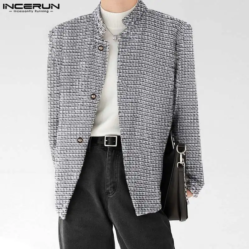 

INCERUN Tops 2023 Korean Style Mens Texture Pattern Stand Collar Design Shirts Casual Simple All-match Long Sleeved Blouse S-5XL