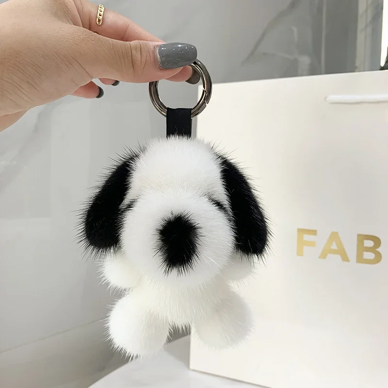 

Mink Keychain Cute puppy Real Fur Pendant Women Bag Ornaments Little white dog Toys Car Key Metal Ring Decoration Trinket Gift