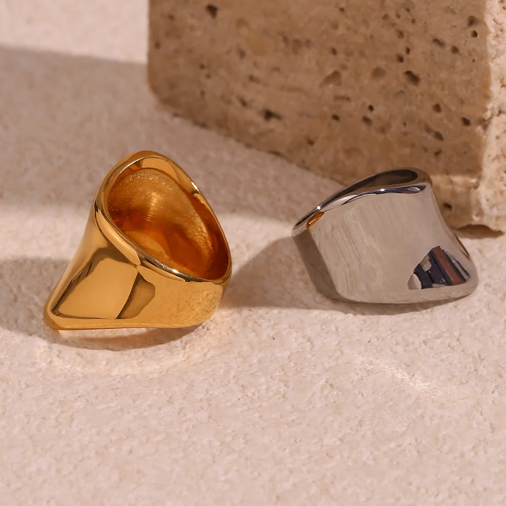 ANENJERY 316L Stainless Irregular Exaggerated Smooth Geometric Ring for Women Gold Color Retro Jewelry Accessory