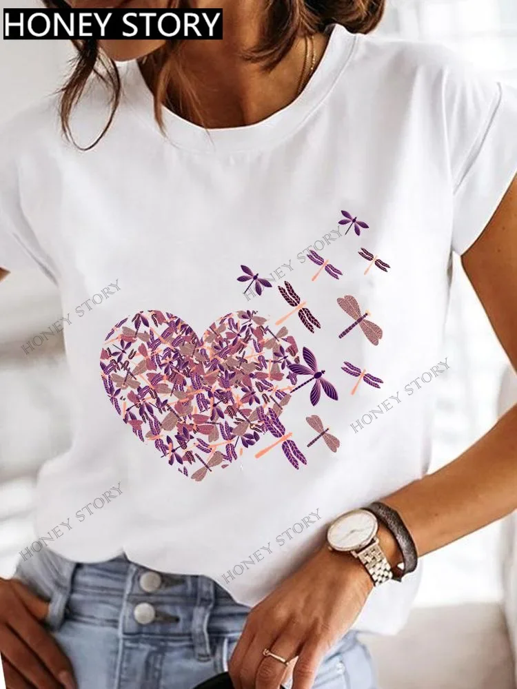 thumbnail image 1 of Top básico con estampado de mariposa de libélula explosiva para mujer, Camiseta holgada de manga corta con cuello redondo, camiseta de gran tamaño, ropa para mujer, 1 of 5