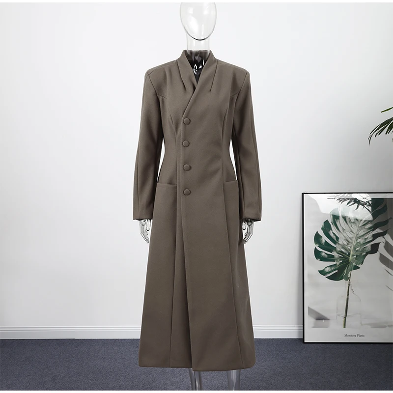 Elegant Hidden Button V-neck Long Coat Women Vintage Classic Waist-cinching Black Tweed Coats Lady Winter Chic Street Overcoats