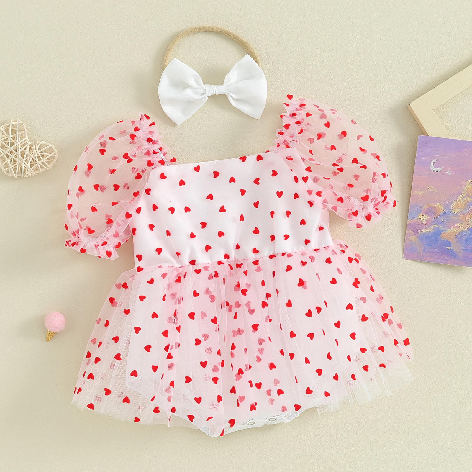 Baby Girl Heart Romper Dress & Headband 2