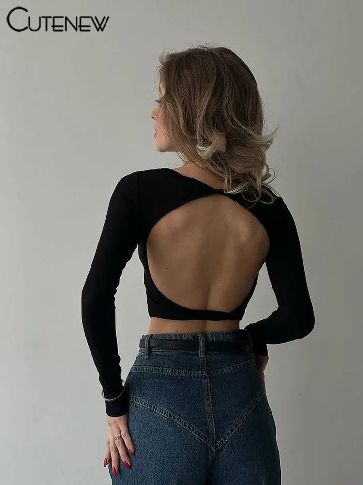 Fashion Wild Women T-shirts Classic Concise Back Cut Out Full Sleeve Skinny Crop Tees Female Trend Matched Streetwear