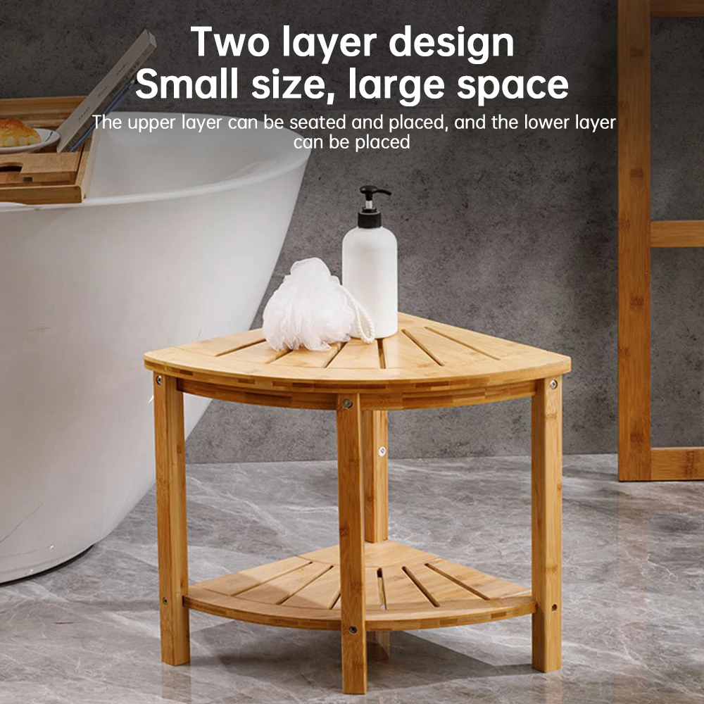 Corner Shower Stool with Storage Rack Anti-slip Natural Bamboo Shower Bench Multifunctional Shower Caddy Bathroom Organizer