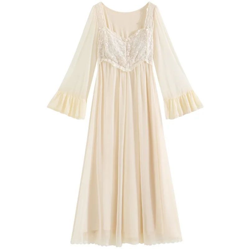 IRENE TINNIE New Lady Autumn French Lace Modal Pyjamas Court Princess Breast Cushion Homewear Long Sleeve Mesh White Nightdress