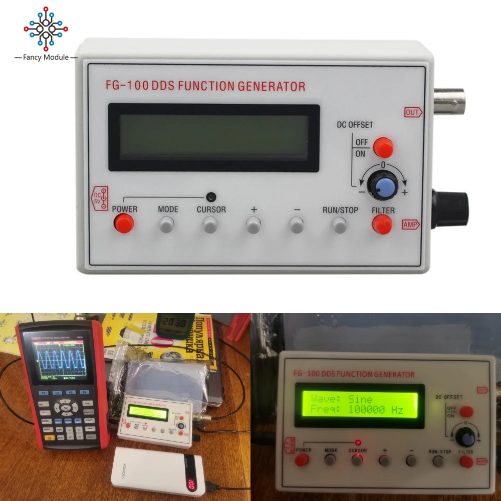 

FG-100 DDS Function Signal Generator Frequency Counter 1Hz - 500KHz Signal Source Module Sine Square Triangle Sawtooth Waveform