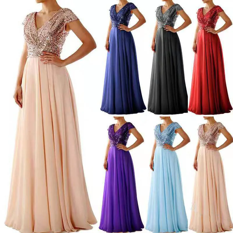 

New V-neck Sequined Chiffon Stitching Evening Long Dress