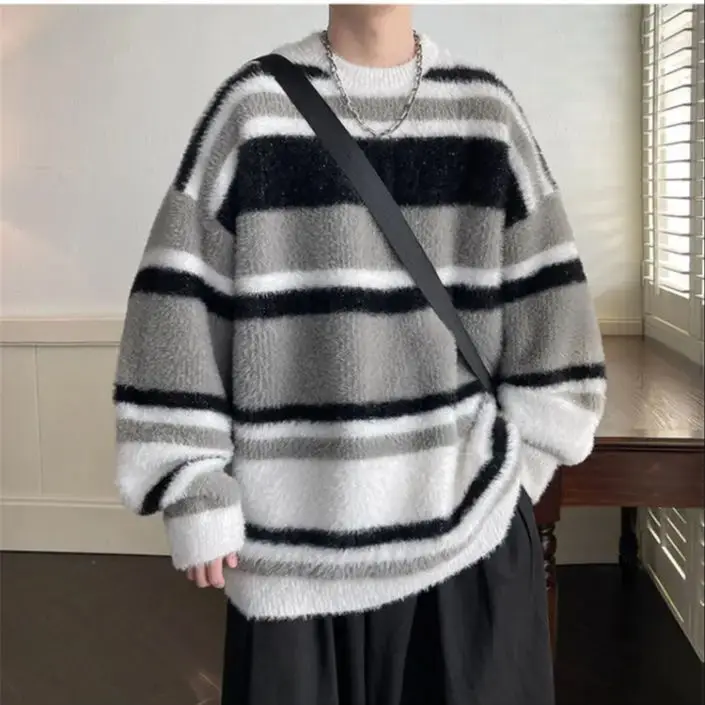 Autumn Winter Striped Soft Sticky Casual Men's Loose Pullover Sweater T Shirt Long Sleeve Top
