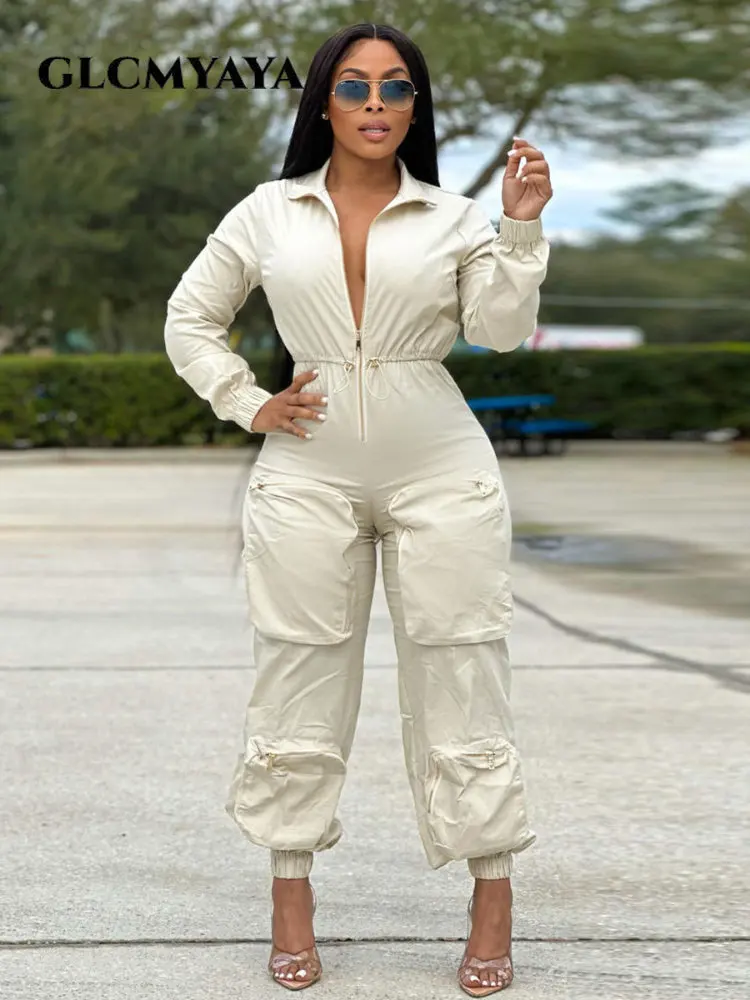 

GLCMYAYA Fashion Women Pocket Front Zipper Fly Long Sleeve Elastic Waist Cargo Jumpsuit 2023 Street Safart Style One Piece Suit