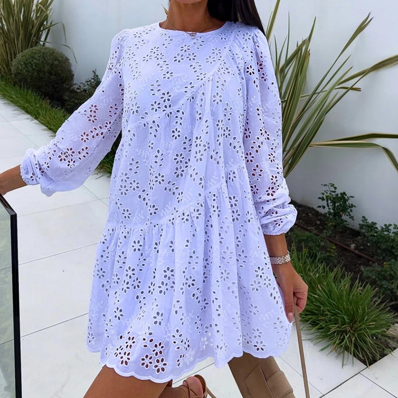 

Spring Beautiful Long Sleeve Ruffles Mini Dress Elegant Women 2024 Solid O-neck Party Dress Female Sexy Hollow Out Lace Dresses