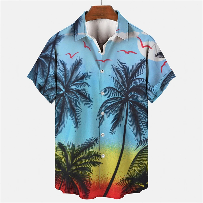 

2023 Men's Shirt Hawaiian Short Sleeve Coconut Tree Printed Lapel Button Tee Loose Casual Beach Vacation Shirt For Men Blouse