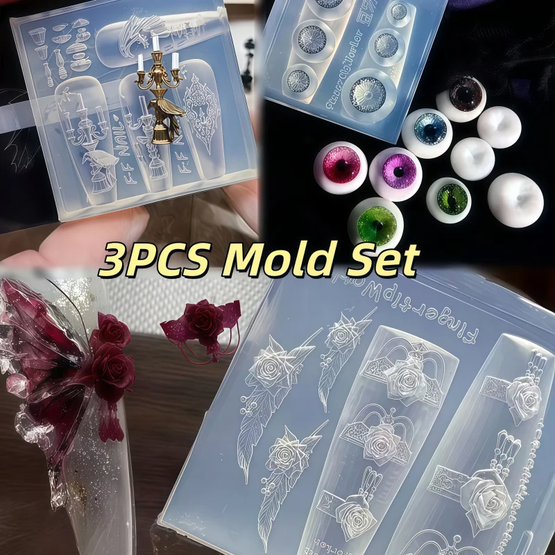 3PC 세트 빈티지 레이스 장미 깃털 까마귀 촛대 다크 아이볼 3D 네일 아트 ..