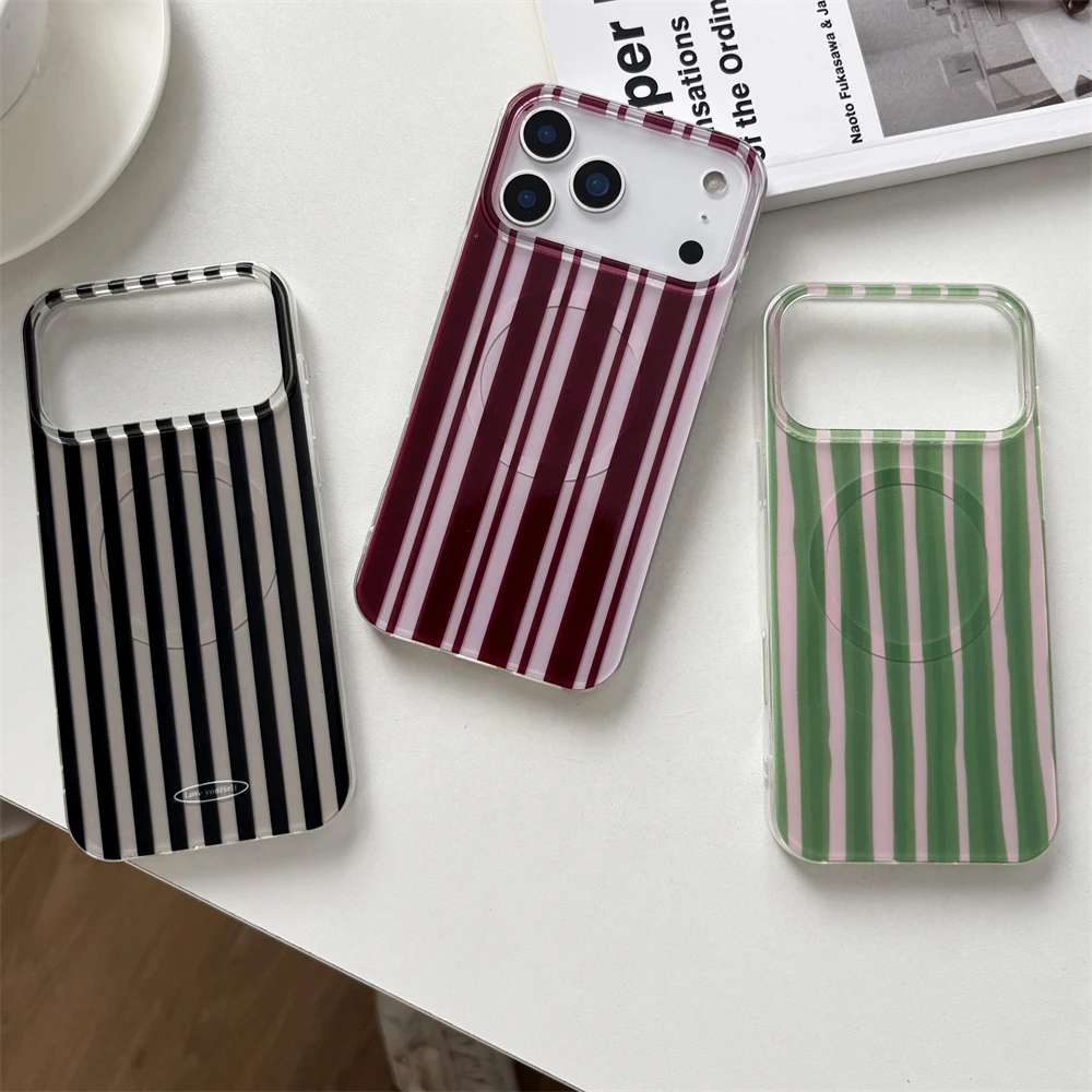 Cute Colorblock Stripes Pattern For Magnetic Wireless Charging For iPhone 17 16 15 14 13 12 Pro Max 11 Pro Max Shockproof Cover 5