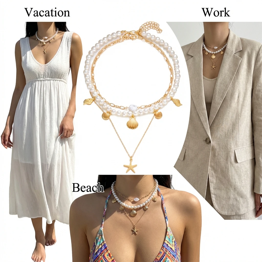 Elegante Imitationsperlen-Kettenhalsketten für Damen, modische Metall-Seestern-Muschel-Anhänger-Halsketten, minimalistischer Sommerschmuck, Geschenke – Detail 4