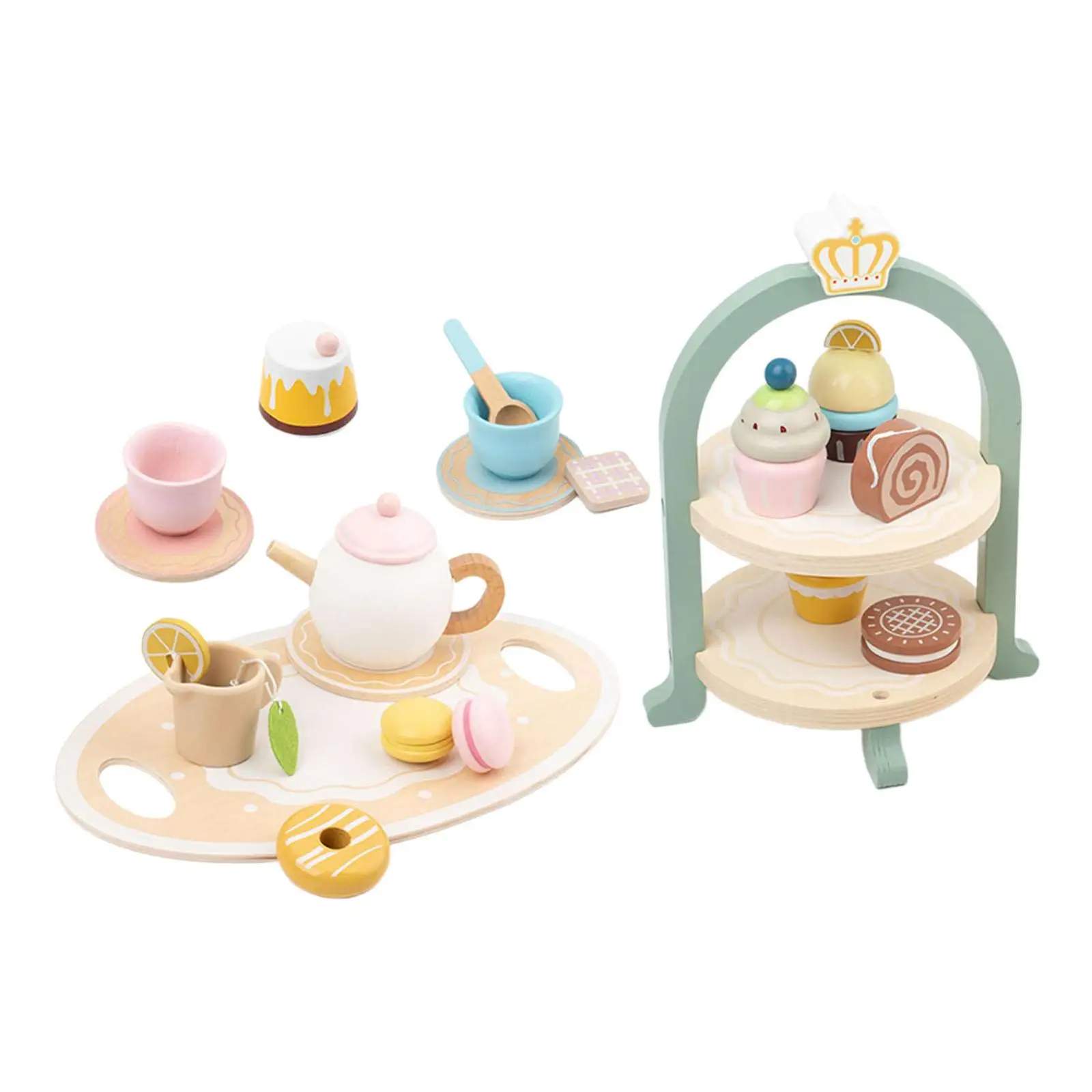 Kids Afternoon Tea Toy, Food Play Toys for Toddlers, Montessori Wooden Dessert