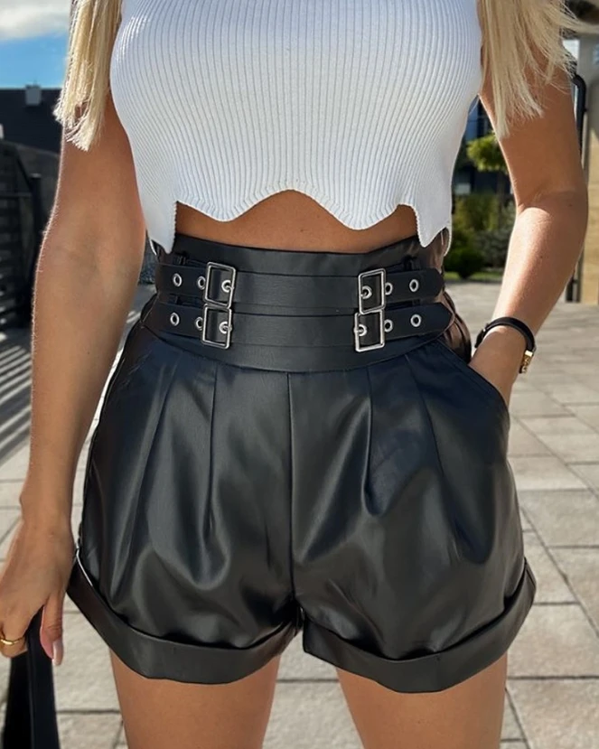 

Pu Leather Buckle Pleated Shorts, New Hot Selling Fashion Pocket, Double Waistband Style, Beautiful Women's Clothing