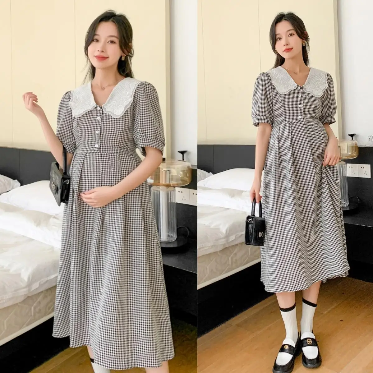 

Korean Style Pregnant Women's Dress for Summer Fashion Embroidered Lace Peter Pan Collar Short Sleeve Maternity Plaid Dress Cute