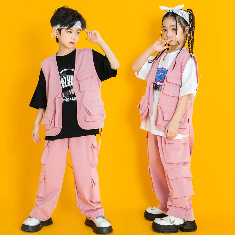 

Детская одежда в стиле хип-хоп, розовая вязаная куртка без рукавов, тактический жилет, повседневные уличные брюки-карго для девочек и мальчиков, танцевальный костюм, одежда