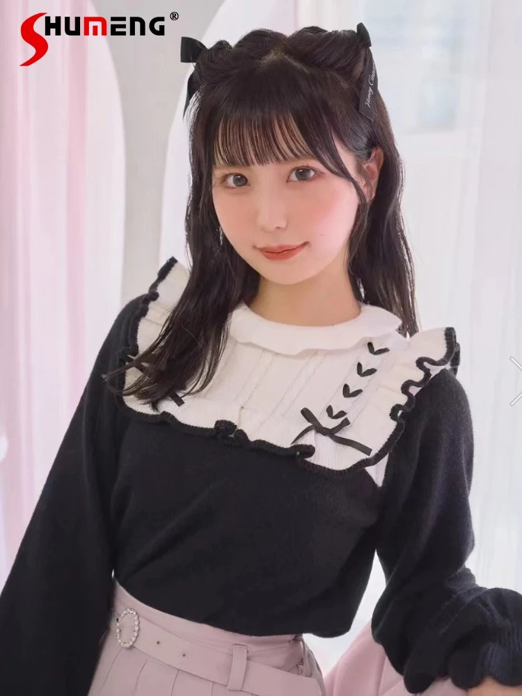 

Japanese Syle Sweet Girl Tree Fungus-like Lacework Knitwear 2023 Autumn New Super Soft Long Puff Sleeve Sweater Cute Knitted Top