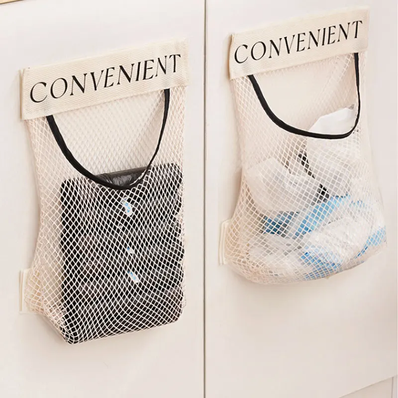 Wall Mount Mesh Storage Bag Garbage Bag Holder Plastic Shopping Bags Dispenser Sundries Bag Bathroom Net Storage Organizer