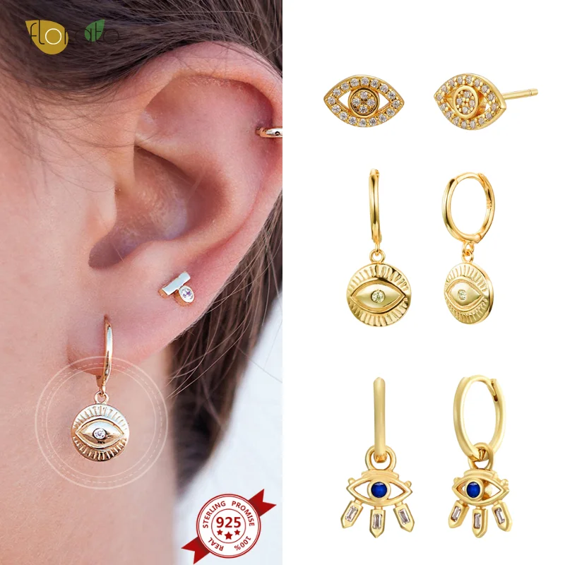 

925 Sterling Silver Needle Evil Eye Hoop Earrings For Women Fashion Piercing Stud Earrings Fine Jewelry Accessories Pendientes