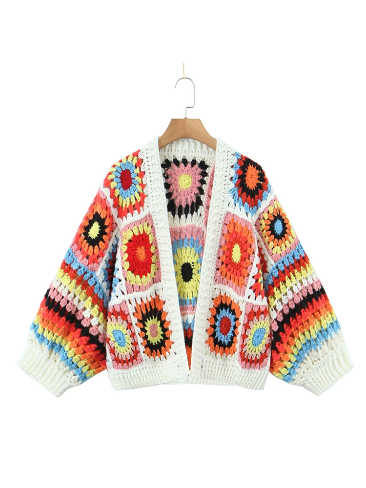 BOHO Geometric Plaid Hand Made Crochet Cardigan Woman V