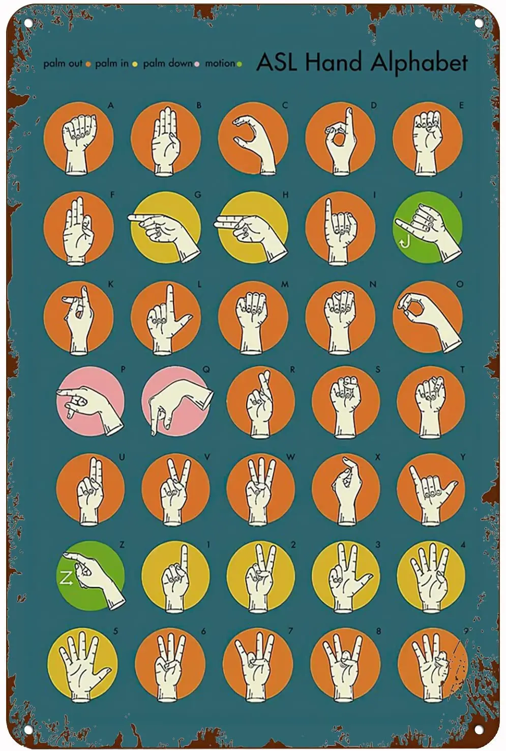 Vintage Tin Sign Metal Plaque Sign Language Hand Alphabet ASL Metal