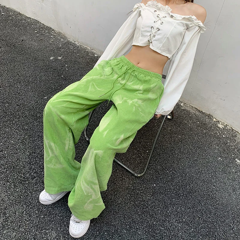 dress pants Y2K Green Corduroy Casual Streetwear Pants Women's Spring Harajuku Style High Waist Loose Straight Drawing Wide Leg Pants work trousers