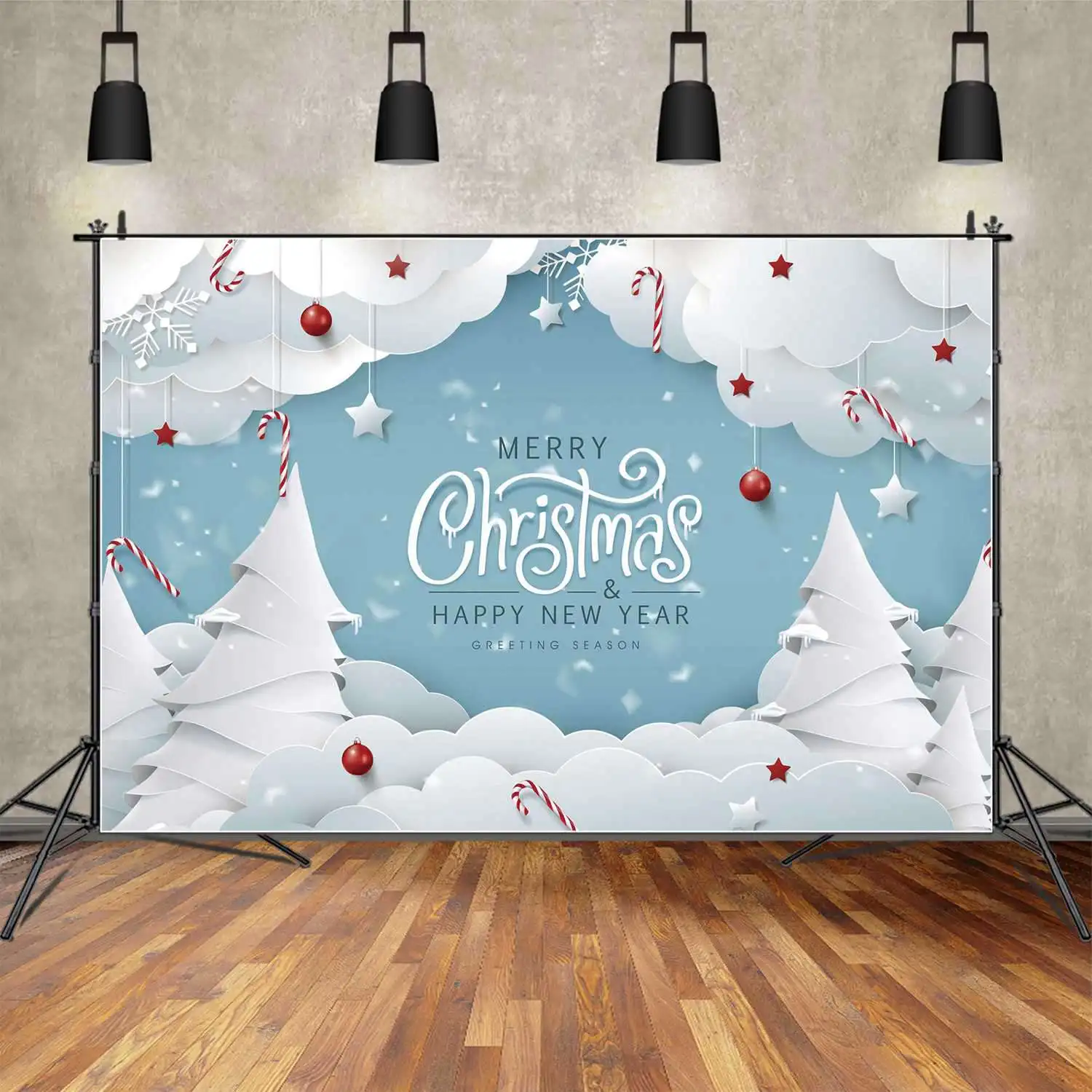 

MOON.QG Backdrop Blue Merry Christmas Banner White Snow Tree Decor Background Baby Silver Snowflake Red Ball Star Photo Booth