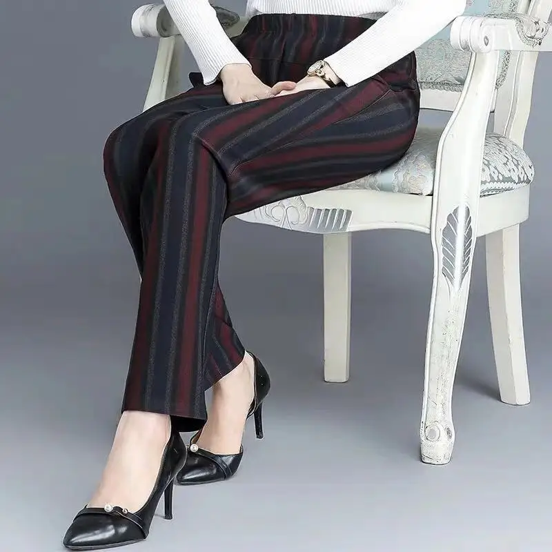6XL 7XL Women's Striped Pants Spring Autumn High Waist Mother Trousers Female Casual Loose Wide Leg Pants