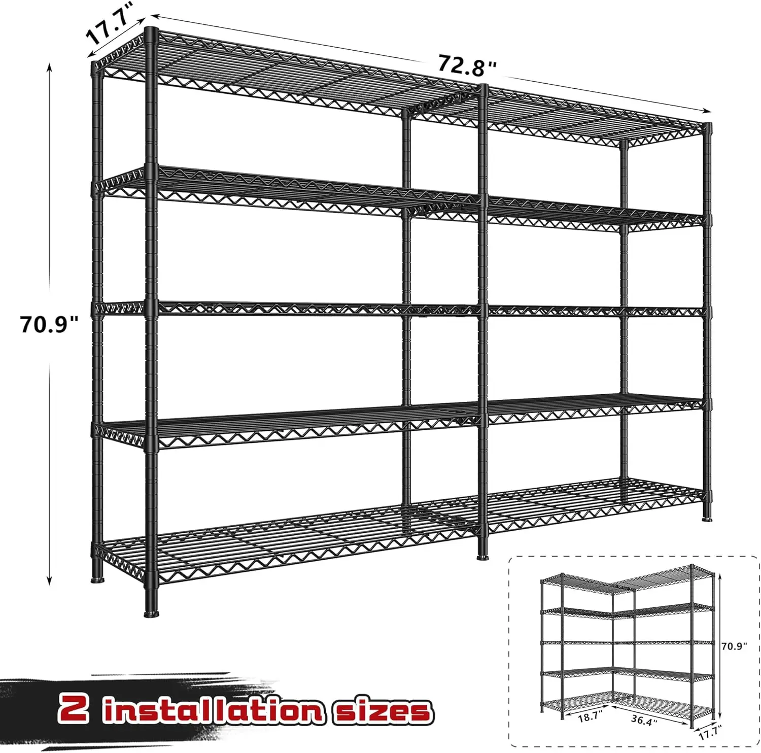 Wide Storage Shelves 70.9" H Wire Shelving Unit Load 1600 LBS 5 Tier Metal Shelving for Storage Rack Heavy Duty M 2