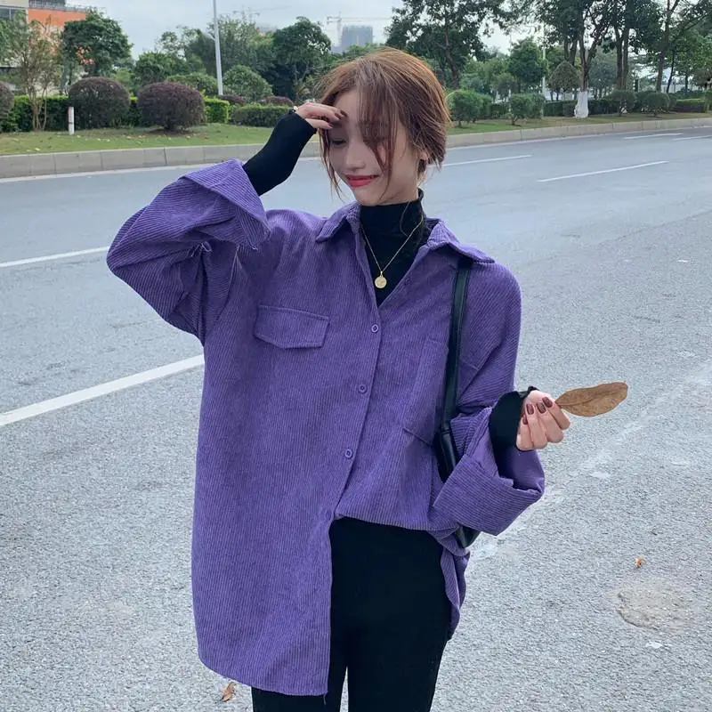 Autumn Winter New Vintage Corduroy Blouse Long Sleeve Polo Neck Loose Solid Color Cardigan Top Fashion Casual Women Clothing