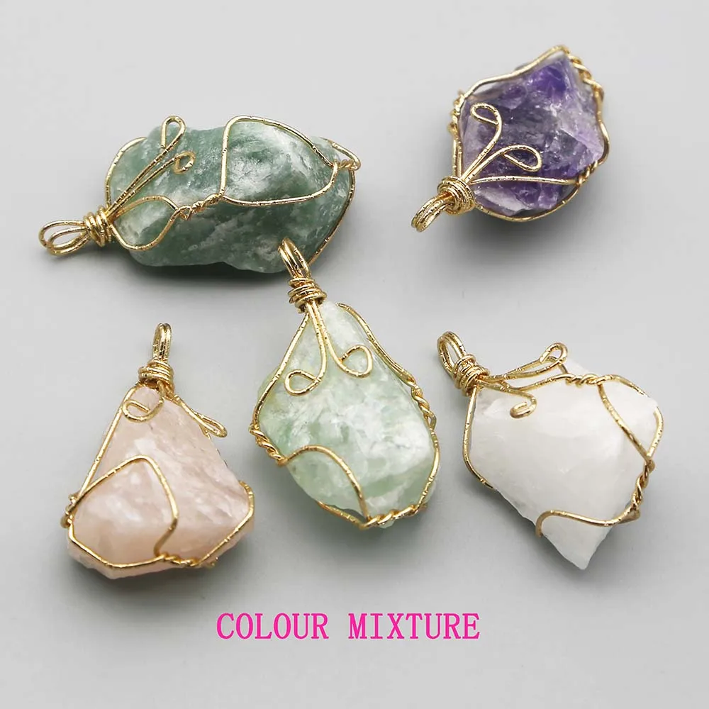 Quality Natural Raw Ore Irregular Winding Wire Necklace Pendants Crystal Quartz Charms Jewelry Accessories Making Wholesale 8Pcs