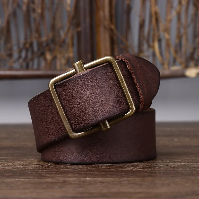 3.8cm Men's Punch-free Leather Belt First Layer Cowhide Holeless Design Belt Brass Slide Buckle Retro Simple Denim Belts for Men