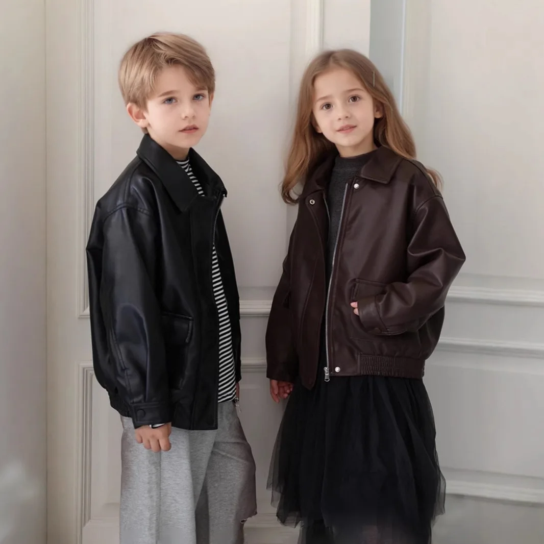 어린이 오토바이 PU 가죽 재킷 남아 여아 새해 방수 방풍 코트 키즈 스트리트 사진 촬영복