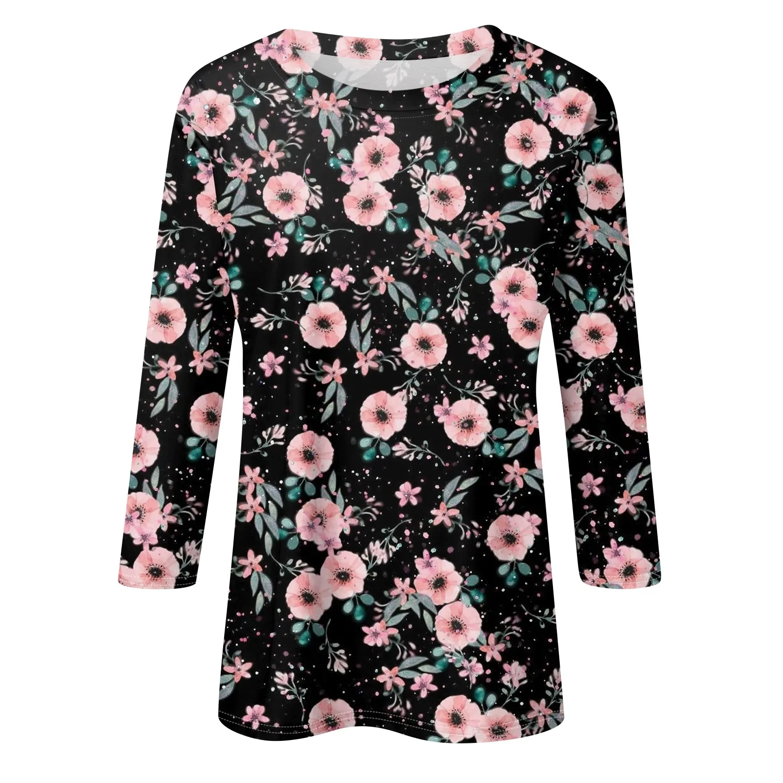 

2024 Personalized Cozy home wear Women's Fashion Casual Round Neck Three Quarter Versatile Sleeve Printed T-Shirt Top