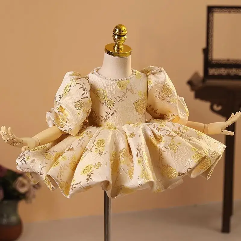 

Children's Boutique Evening Gown Puff Sleeves Design Birthday Baptism Kids Elegant Formal Ball Gown Girls Party Dress A3324