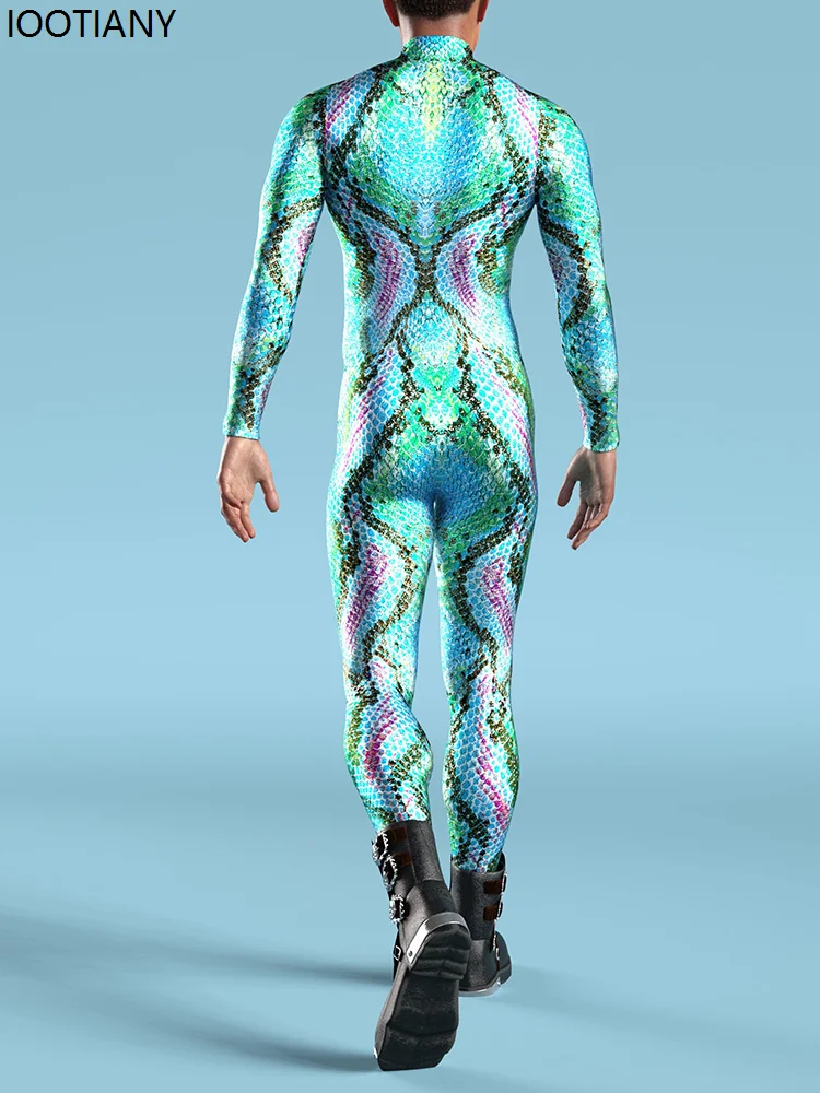Cosplay Costume Men Snake Skin Print Jumpsuit Halloween Animal Zentai Suits Holiday Party Bodysuit Punk Masquerade Catsuits Rave Outfits