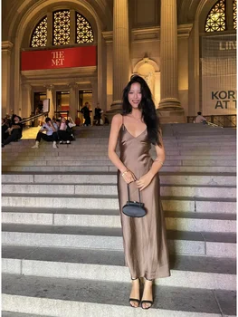 Elegant women's fashion silk satin texture MIDI dress sexy backless party slip dress 5