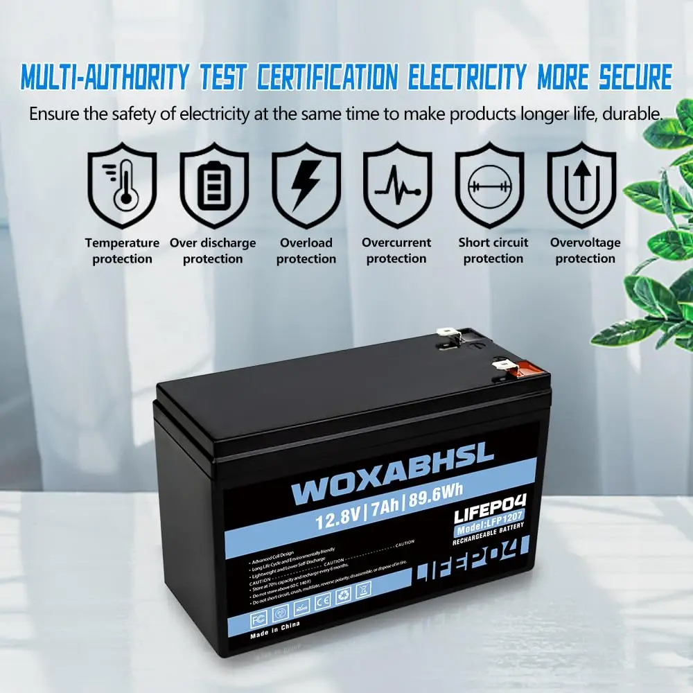 12V 7Ah LiFePO4 Lithium Battery, 2 PCS, Built-in BMS, 5000+ Cycles Rechargeable Battery for Solar/Wind Power, Small UPS