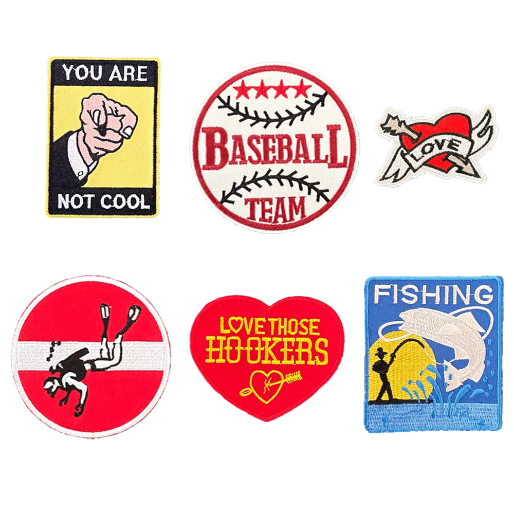 Ricamo Pesca No Nuoto Baseball Love Heart Skateboard Slogan Personalizzato Patch Abbigliamento Decorazione Iron-On O Sew-On