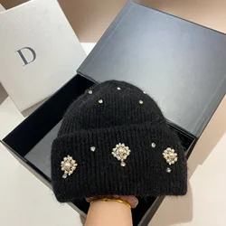 Designer Brand Rhinestones Winter Knitted Hat Women Warm Wool Skullies Beanies Real Rabbit Fur Knit Bonnet Outdoor Skiing Cap